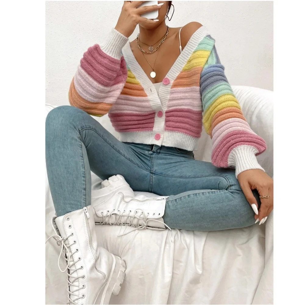 Rainbow Colors Fun Knit Cardigan Sweater Button Front V-Neck - Picture 4 of 10